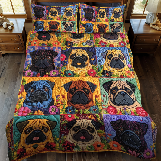 Playful Pugs 3-Piece Quilted Bedding Set - Single (59" x 70")