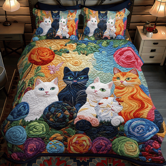 Playful Cats And Yarn 3-Piece Quilted Bedding Set - Single (59" x 70")