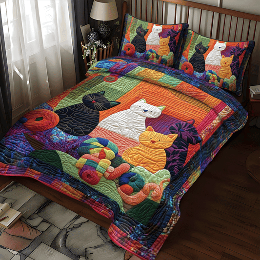 Playful Floral Cats 3-Piece Quilted Bedding Set - Single (59" x 70")