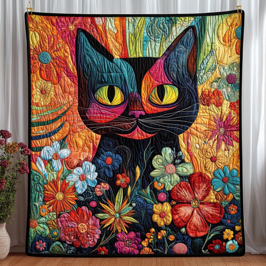 Playful Floral Cats Quilted Blanket - Throw (55" x 60")