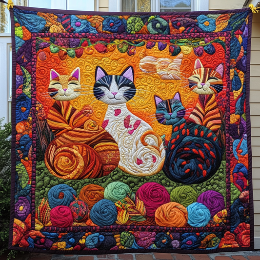 Playful Floral Cats Quilted Blanket - Throw (55" x 60")