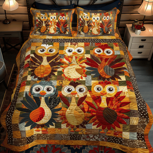 Playful Turkeys 3-Piece Quilted Bedding Set - Single (59" x 70")