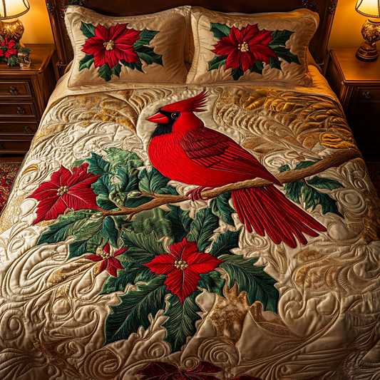 Poinsettia Perch 3-Piece Quilted Bedding Set - Single (59" x 70")