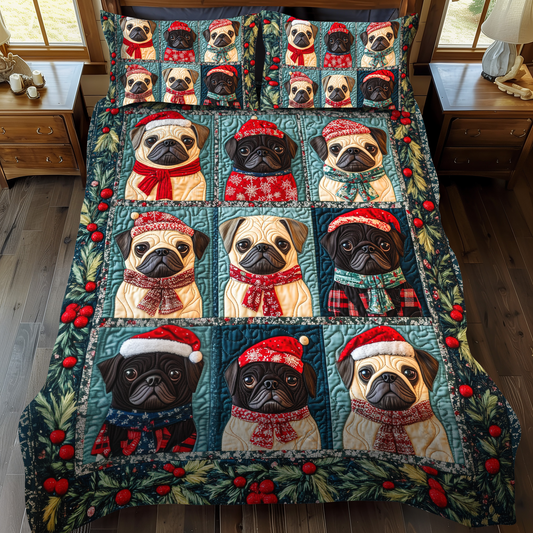 Pug Holiday Warmth 3-Piece Quilted Bedding Set - Single (59" x 70")
