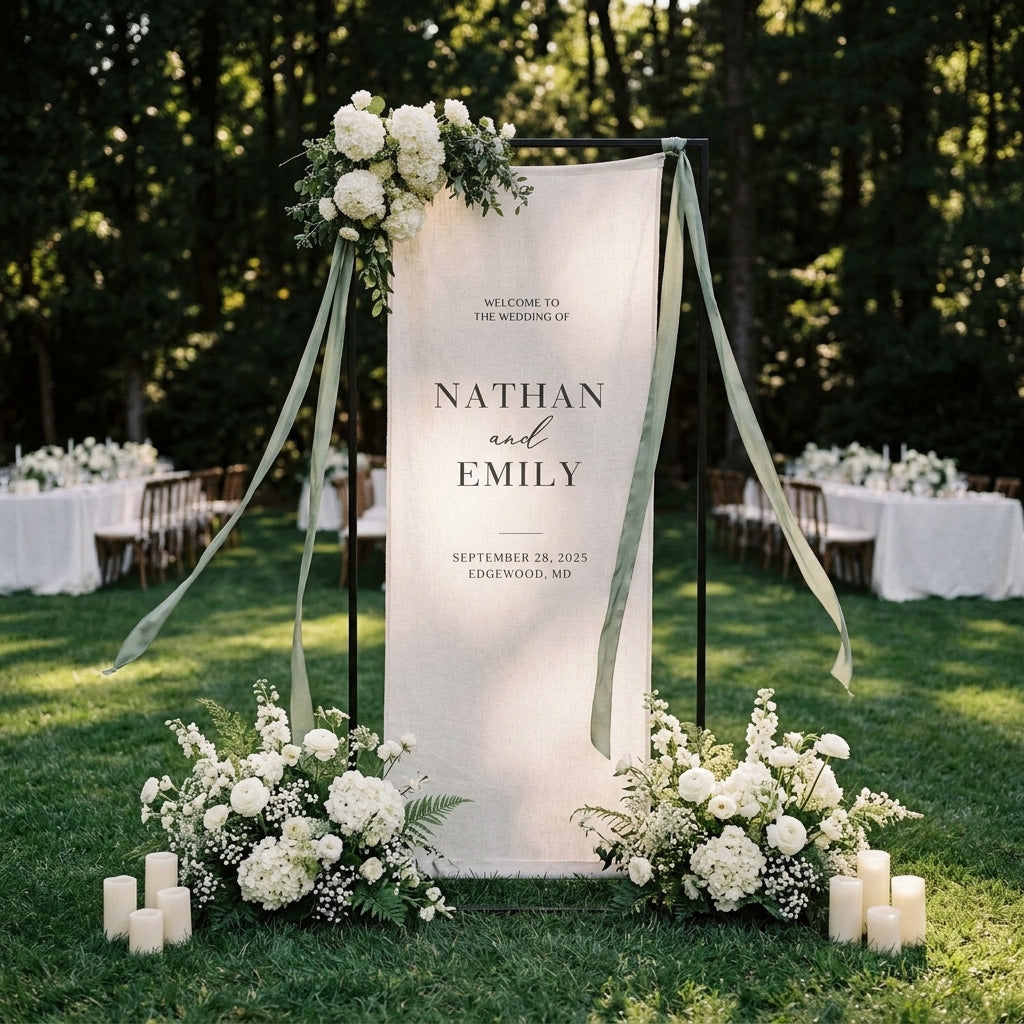 Minimalist Wedding Banner Personalized Couple Names Elegant Linen Ceremony Decor (view 2)
