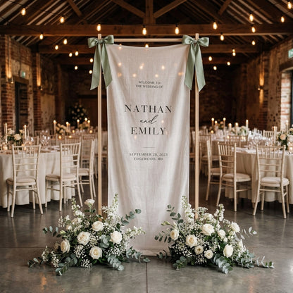 Minimalist Wedding Banner Personalized Couple Names Elegant Linen Ceremony Decor (view 8)