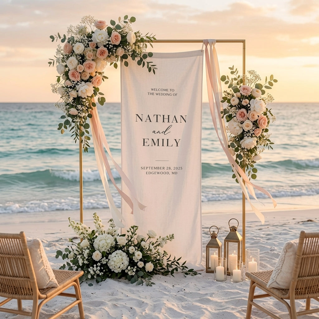 Minimalist Wedding Banner Personalized Couple Names Elegant Linen Ceremony Decor (view 5)