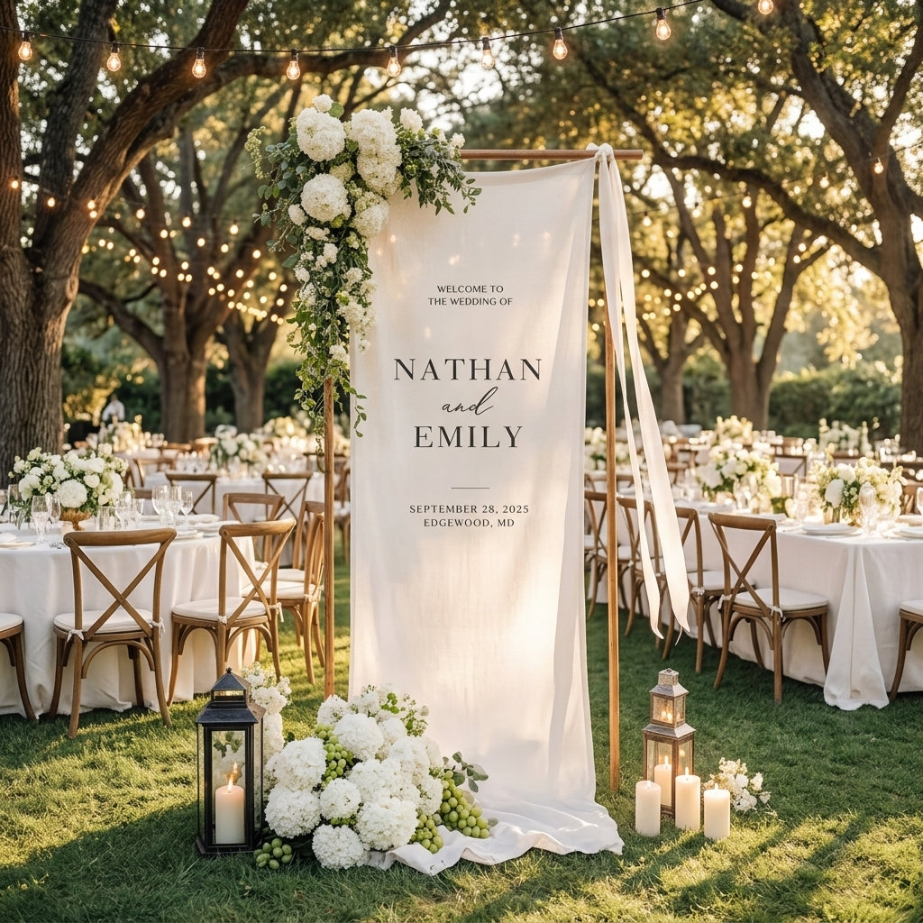 Minimalist Wedding Banner Personalized Couple Names Elegant Linen Ceremony Decor (view 6)