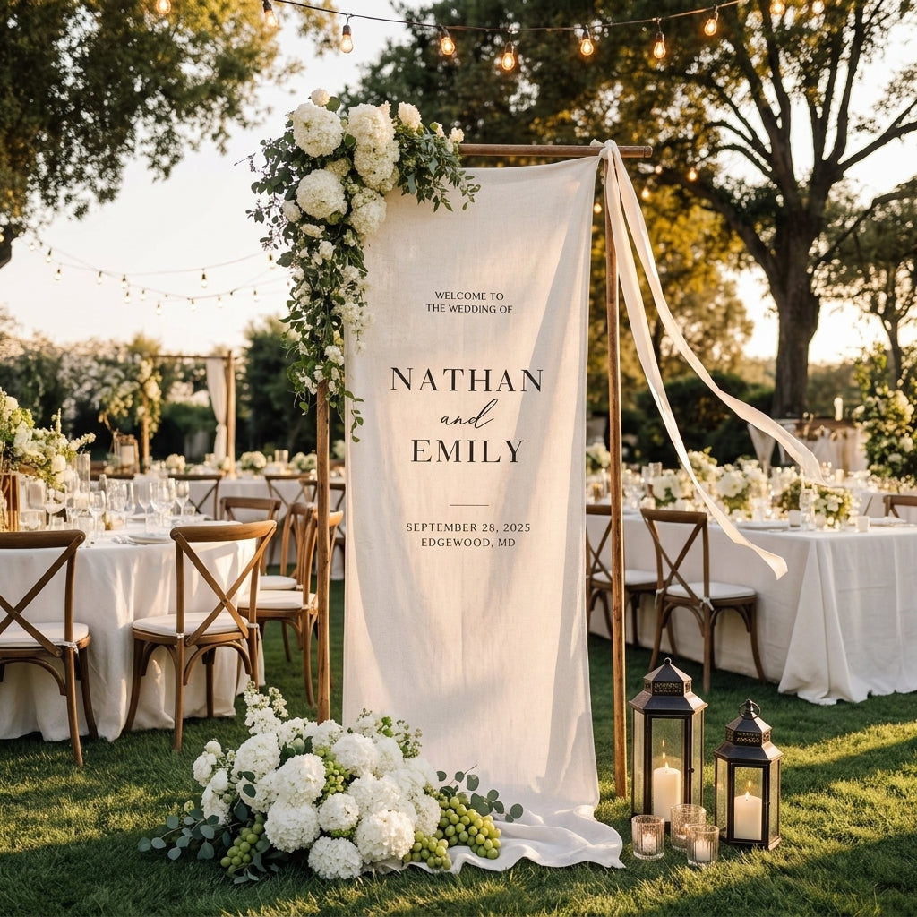 Minimalist Wedding Banner Personalized Couple Names Elegant Linen Ceremony Decor (view 7)