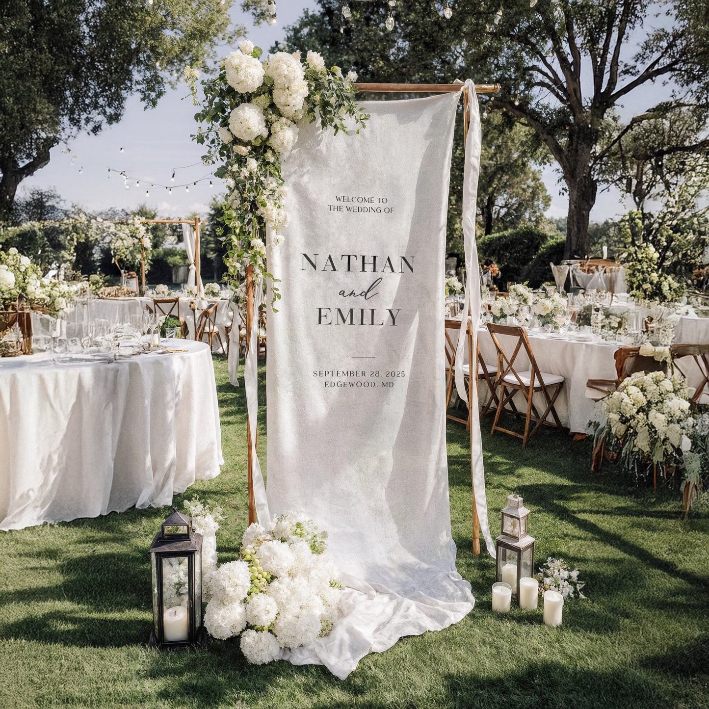 Minimalist Wedding Banner Personalized Couple Names Elegant Linen Ceremony Decor