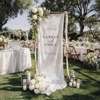 Minimalist Wedding Banner Personalized Couple Names Elegant Linen Ceremony Decor