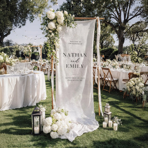 Minimalist Wedding Banner Personalized Couple Names Elegant Linen Ceremony Decor