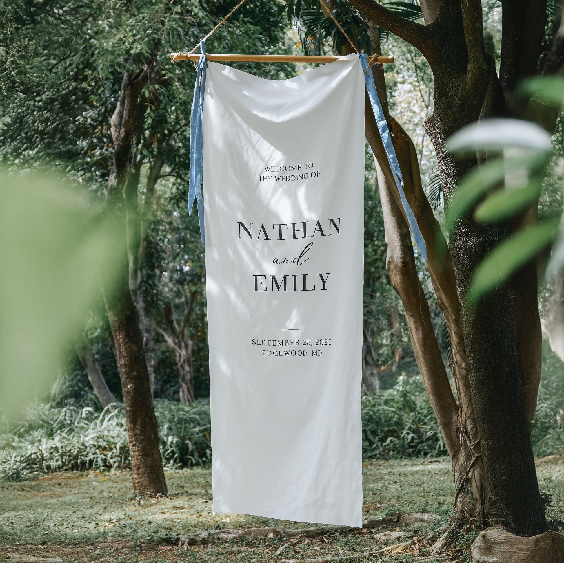 Minimalist Wedding Banner Personalized Couple Names Elegant Linen Ceremony Decor (view 3)