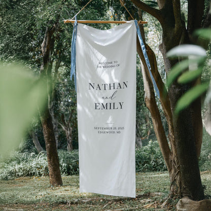 Minimalist Wedding Banner Personalized Couple Names Elegant Linen Ceremony Decor (view 3)