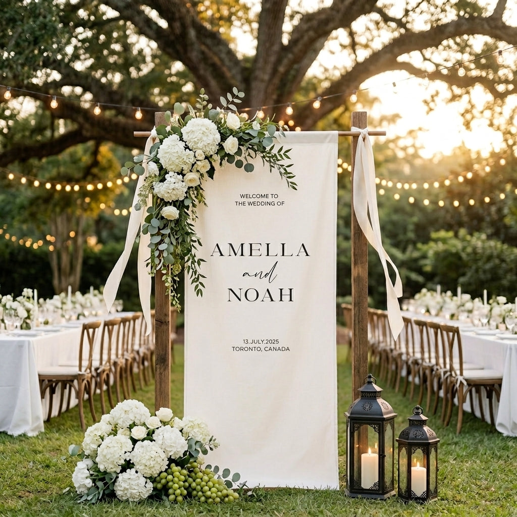 Minimalist Wedding Banner Personalized Couple Names Linen Outdoor Ceremony Decor (view 4)