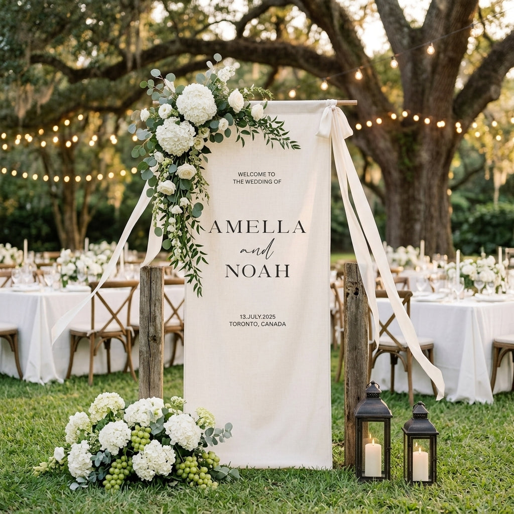 Minimalist Wedding Banner Personalized Couple Names Linen Outdoor Ceremony Decor (view 5)
