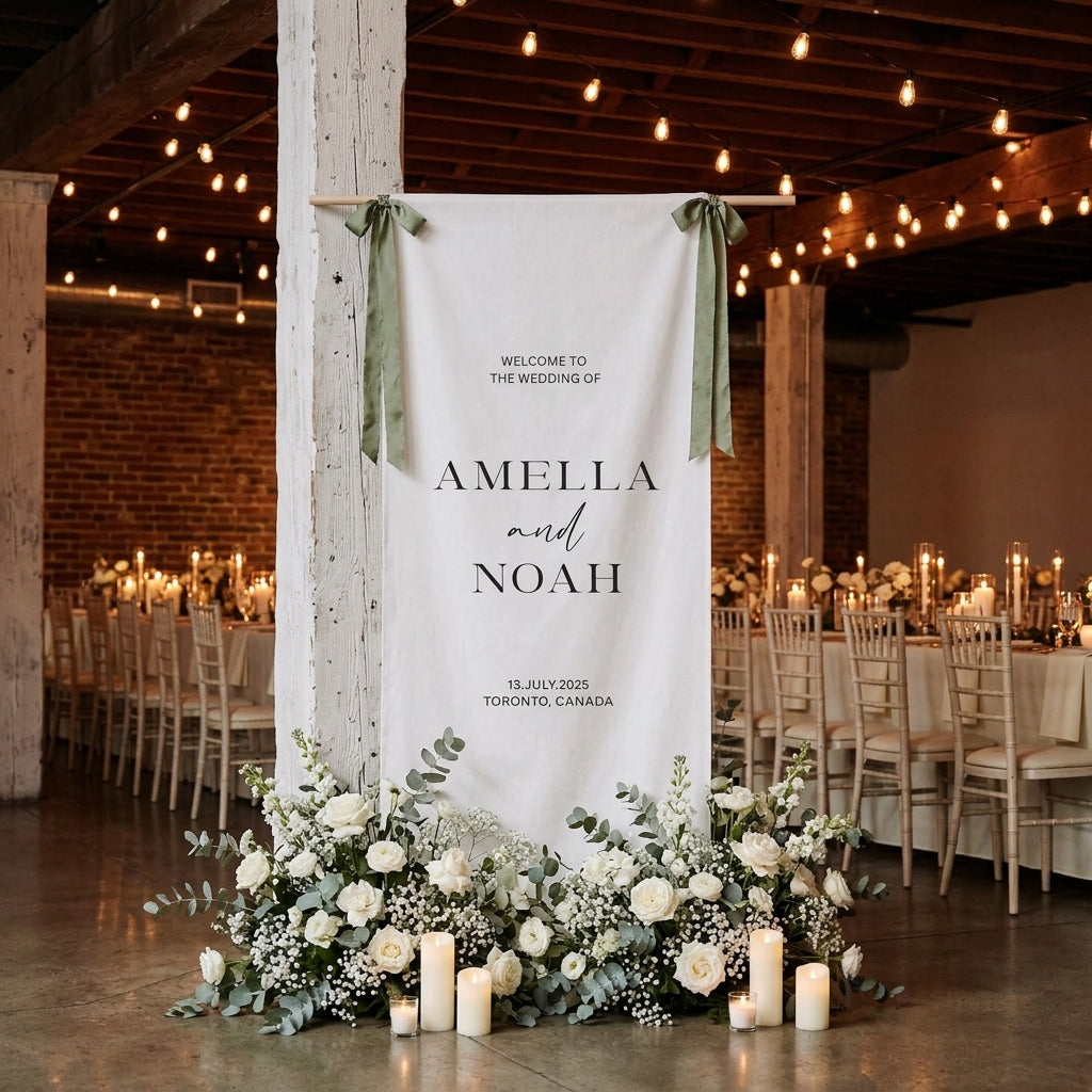 Minimalist Wedding Banner Personalized Couple Names Linen Outdoor Ceremony Decor (view 6)
