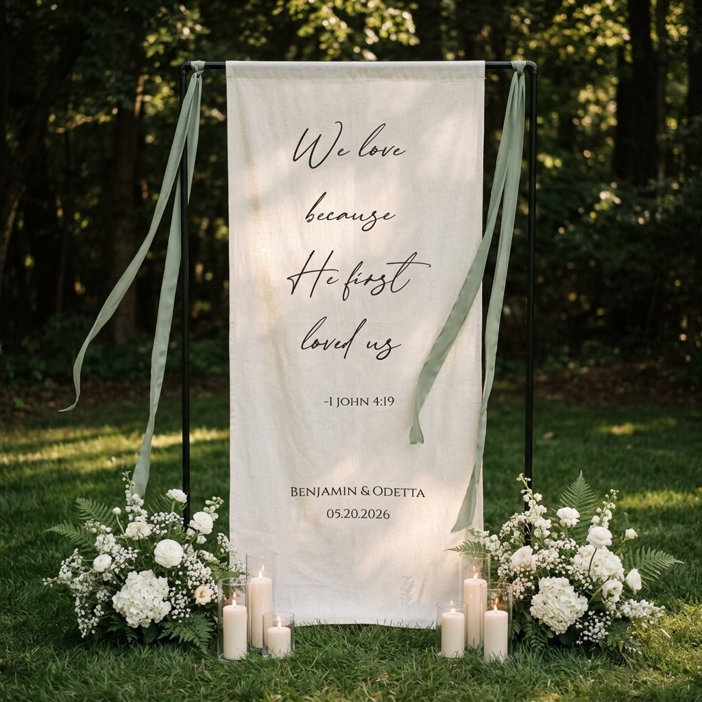 Minimalist Wedding Banner Personalized Bible Verse Linen Christian Ceremony Decor