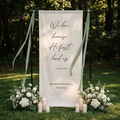 Minimalist Wedding Banner Personalized Bible Verse Linen Christian Ceremony Decor