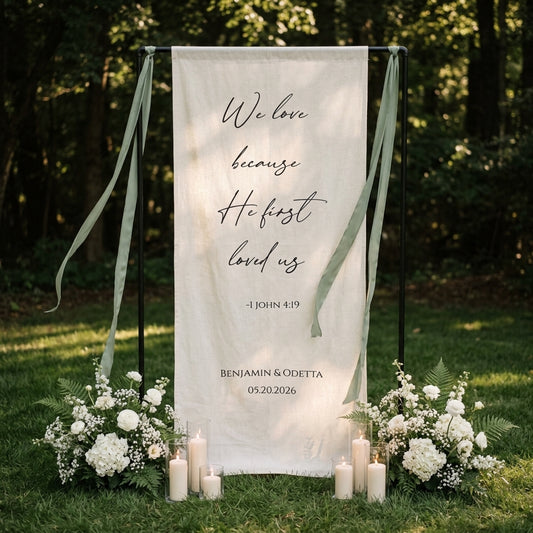 Minimalist Wedding Banner Personalized Bible Verse Linen Christian Ceremony Decor