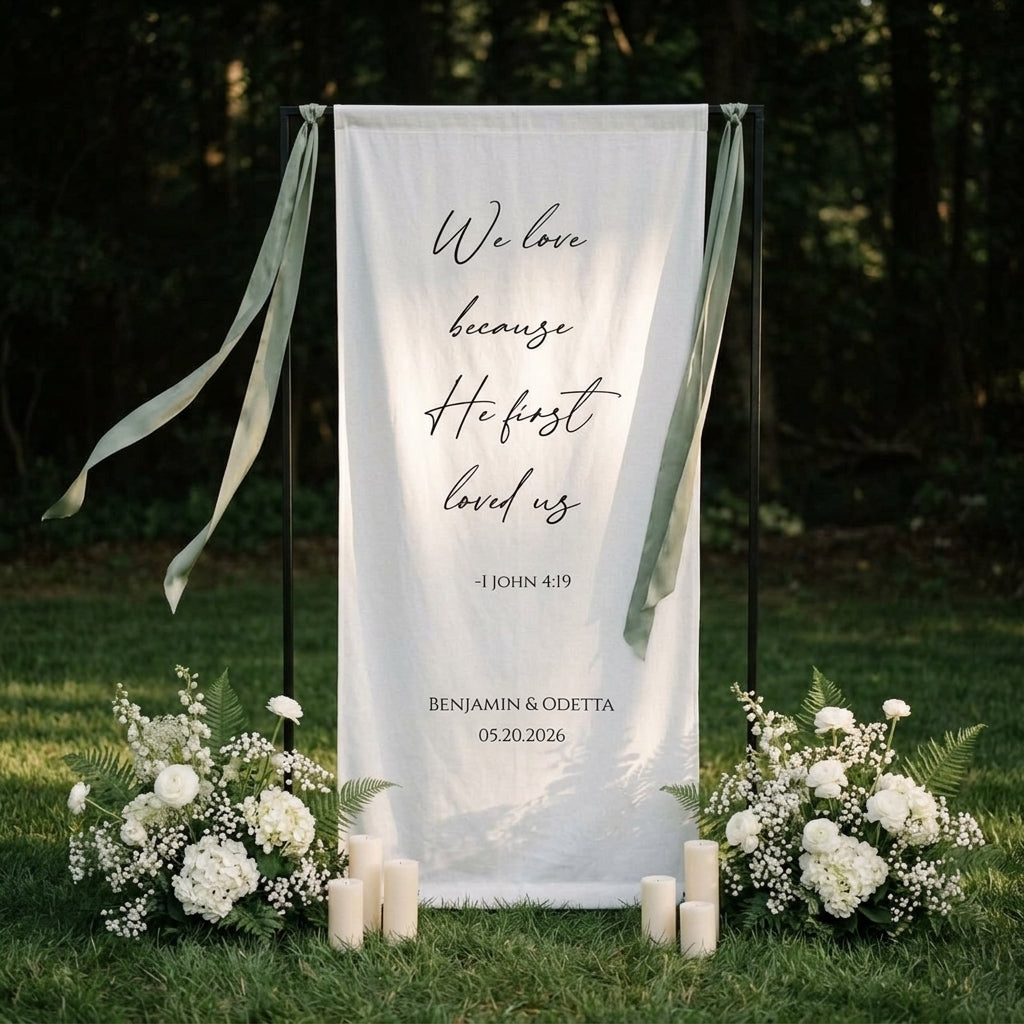 Minimalist Wedding Banner Personalized Bible Verse Linen Christian Ceremony Decor (view 2)