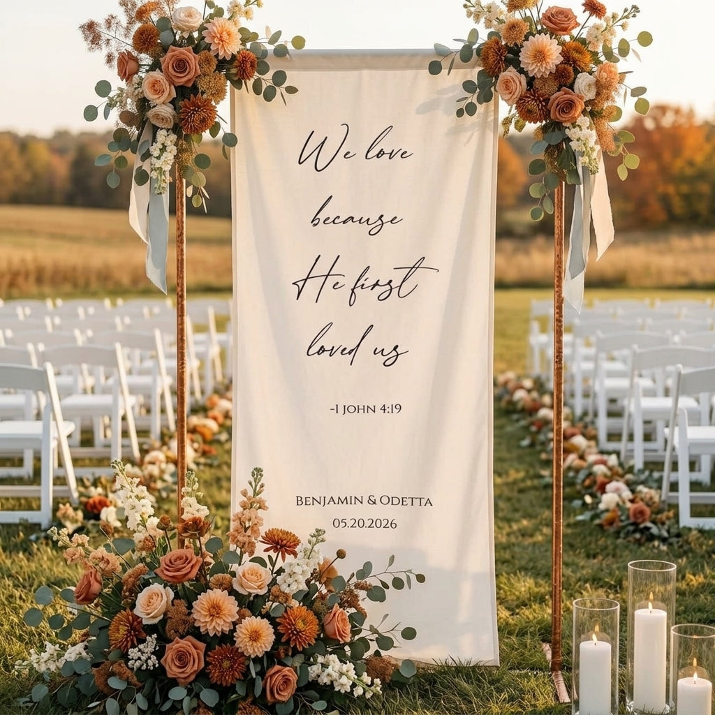 Minimalist Wedding Banner Personalized Bible Verse Linen Christian Ceremony Decor (view 5)