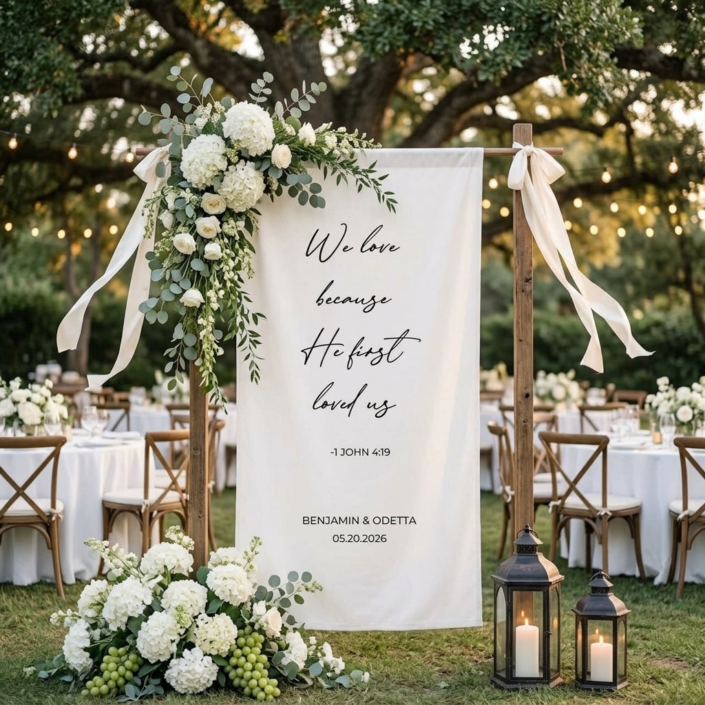 Minimalist Wedding Banner Personalized Bible Verse Linen Christian Ceremony Decor (view 3)