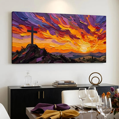Colorful abstract painting of a sunset with a cross on a wall above a dining table. Radiant Faith canvas