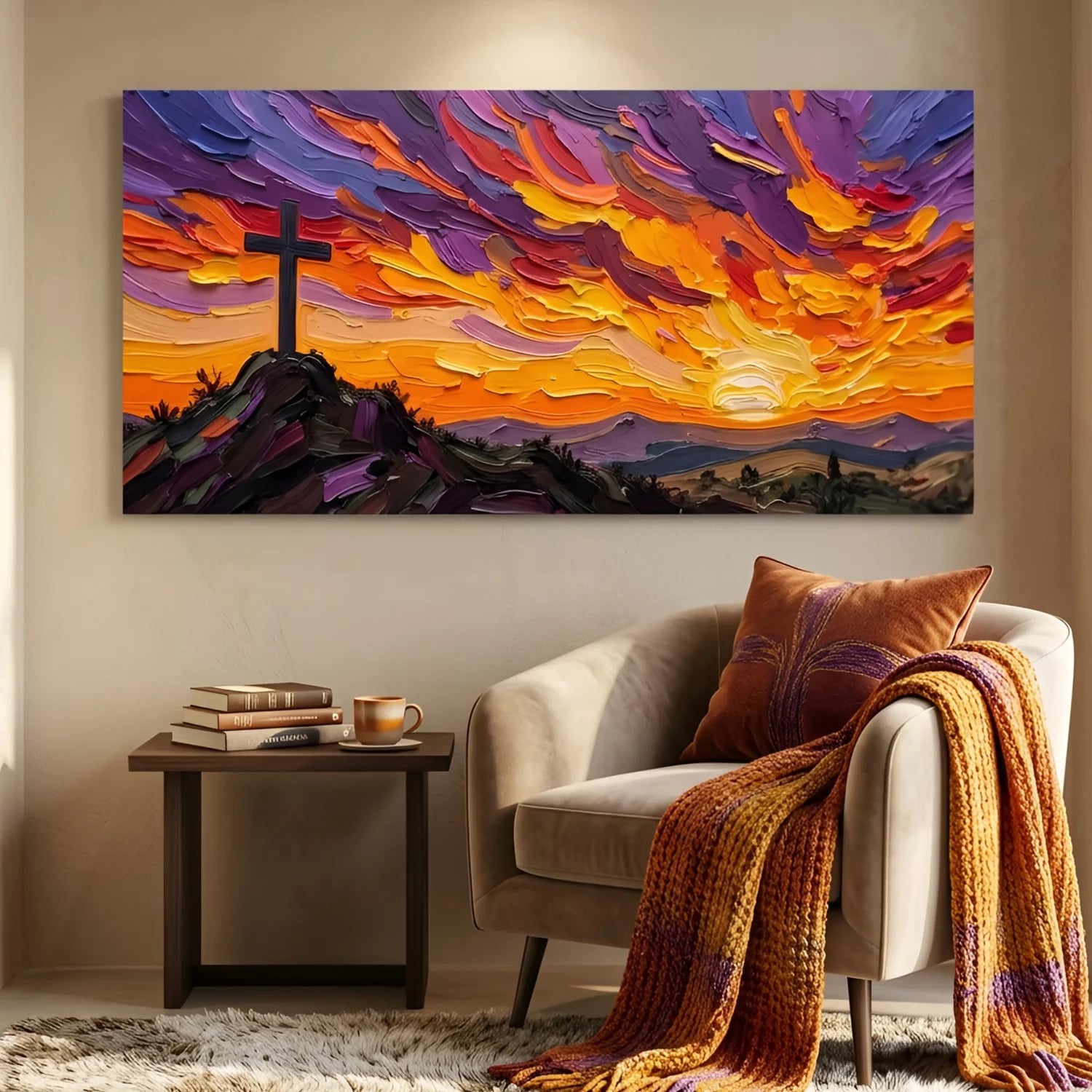 Colorful abstract painting of a cross against a sunset sky in a living room setting. Radiant Faith canvas