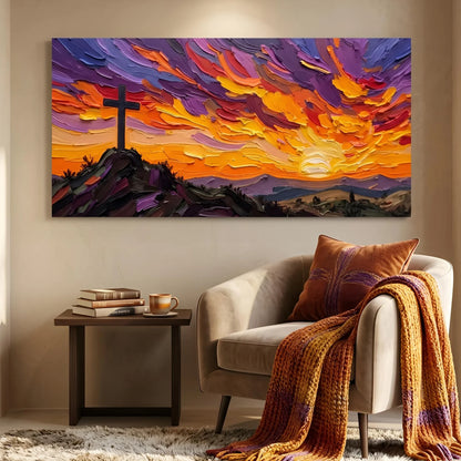 Colorful abstract painting of a cross against a sunset sky in a living room setting. Radiant Faith canvas