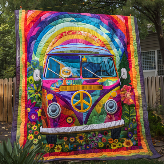 Rainbow Hippie Bus Quilted Blanket - Throw (55" x 60")