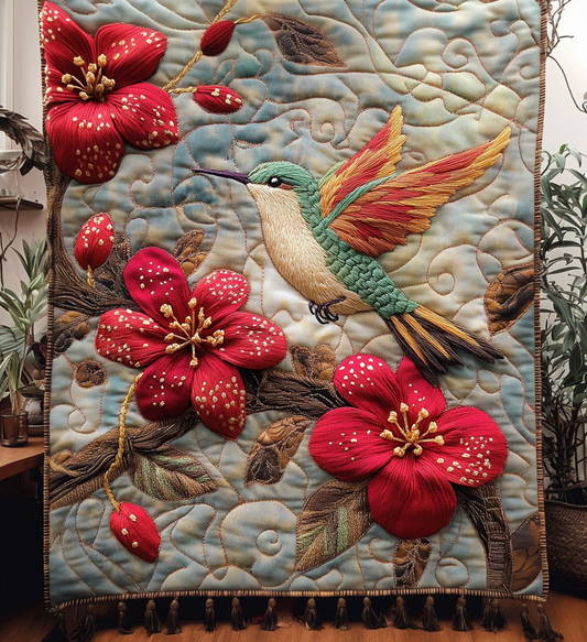 Red Flower Hummingbird Quilted Blanket - Throw (55" x 60")