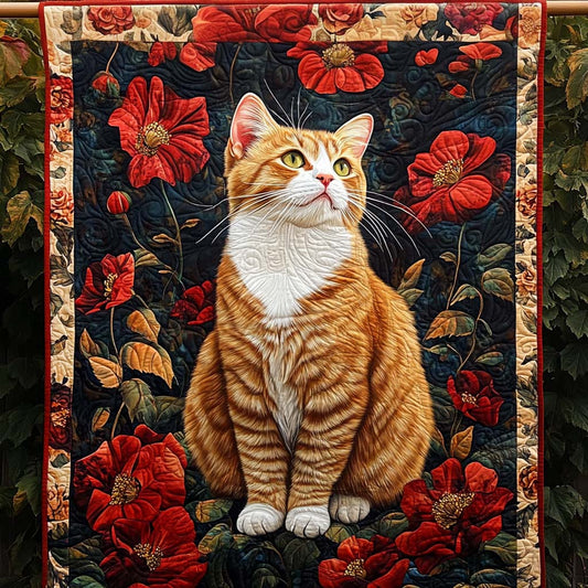 Red Poppy Cat Quilted Blanket - Throw (55" x 60")