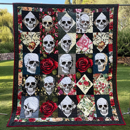 Roses Skulls Quilted Blanket - Throw (55" x 60")