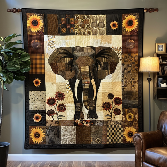 Rustic Sunflower Elephant Quilted Blanket - Throw (55" x 60")