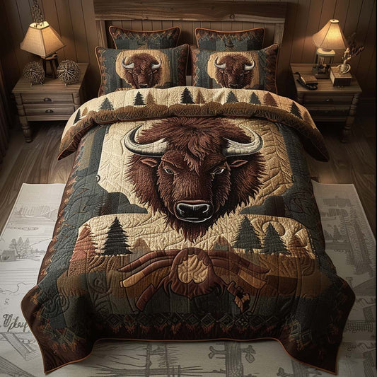Rustic Pine Bison 3-Piece Quilted Bedding Set - Single (59" x 70")