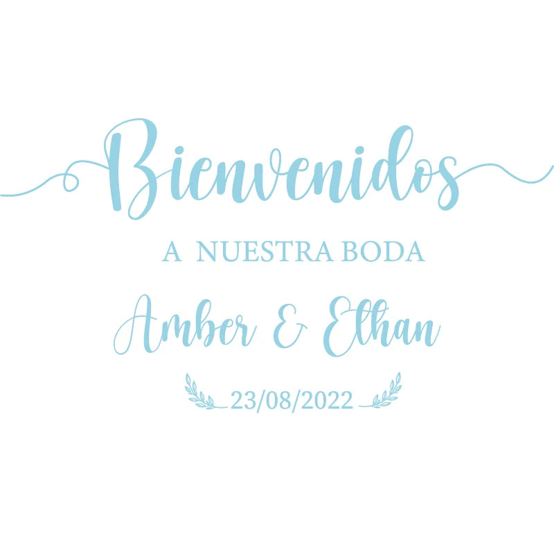 Personalized 'Bienvenidos' Spanish wedding welcome mirror decal in gold vinyl, shown on welcome sign board display.