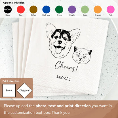 Personalized photo paper cocktail napkins with custom image and text, shown on wedding cocktail hour display.