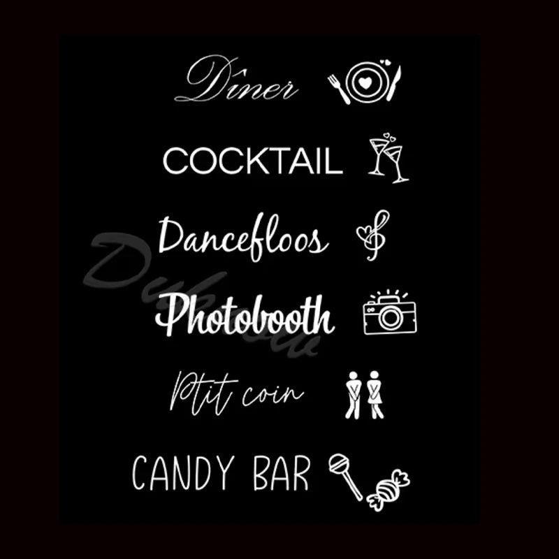 Personalized French wedding directional vinyl sticker in black, shown on welcome sign board display.