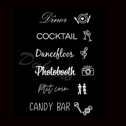 Personalized French wedding directional vinyl sticker in black, shown on welcome sign board display.