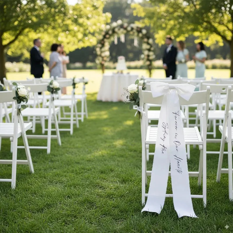 Personalized white memorial chair ribbon with 'Forever In Our Hearts' printed lettering, shown on reserved wedding ceremony chair.