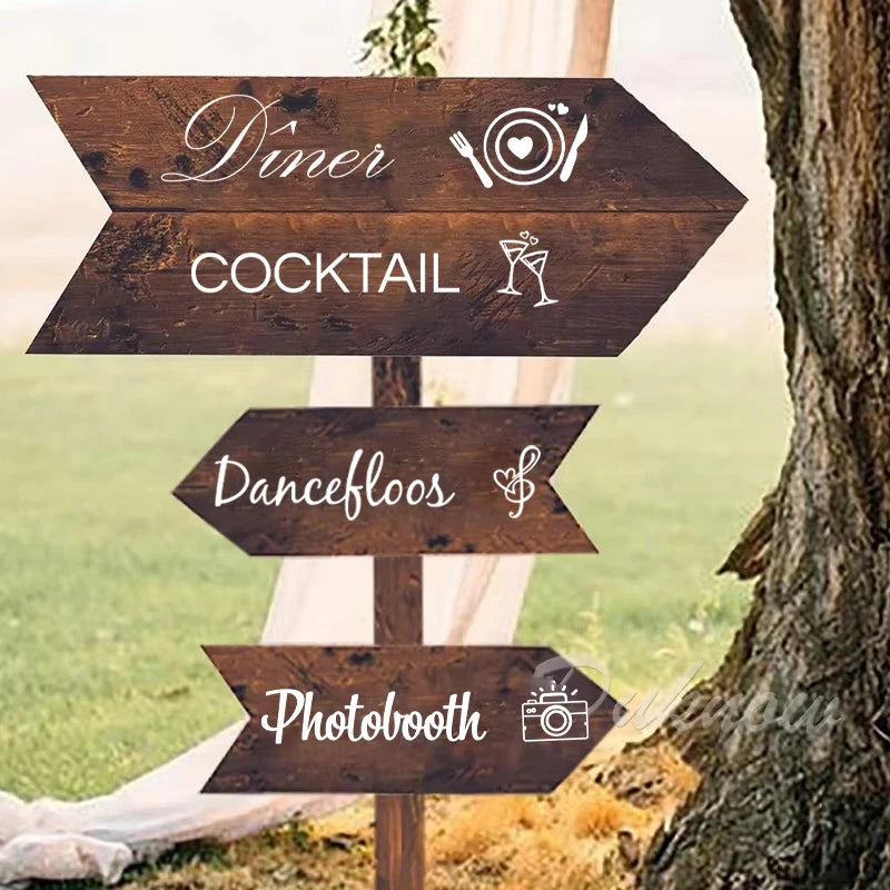 Personalized French wedding directional vinyl sticker in black, shown on welcome sign board display.