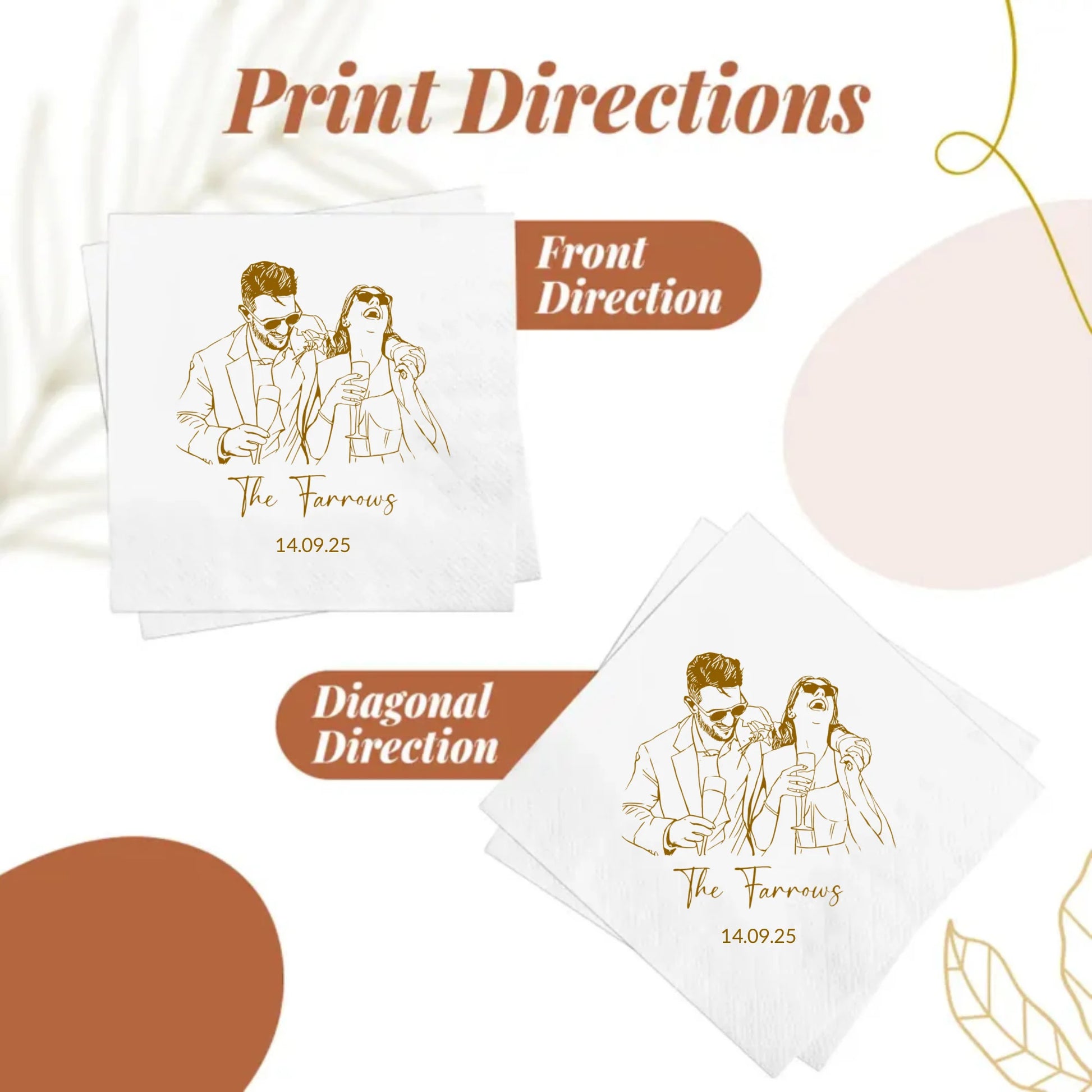 Personalized photo paper cocktail napkins with custom image and text, shown on wedding cocktail hour display.