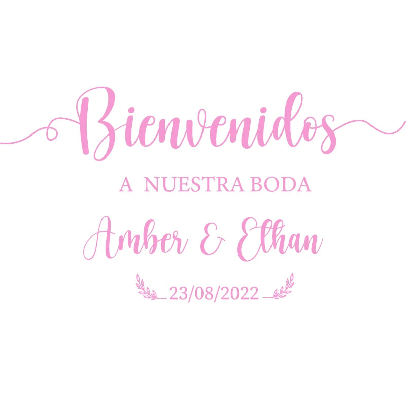 Personalized 'Bienvenidos' Spanish wedding welcome mirror decal in gold vinyl, shown on welcome sign board display.