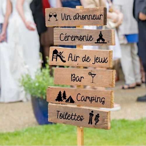 Personalized French wedding directional vinyl sticker in black, shown on welcome sign board display.