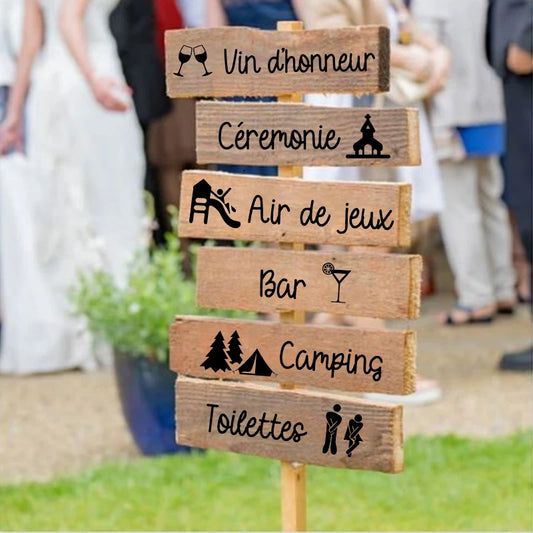 Personalized French wedding directional vinyl sticker in black, shown on welcome sign board display.