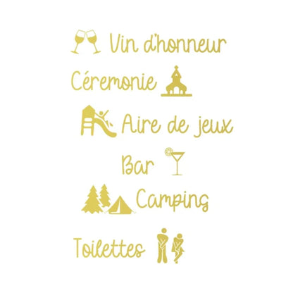 Personalized French wedding directional vinyl sticker in black, shown on welcome sign board display.