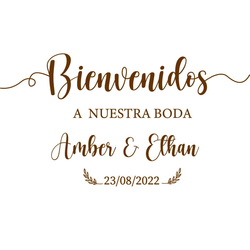 Personalized 'Bienvenidos' Spanish wedding welcome mirror decal in gold vinyl, shown on welcome sign board display.