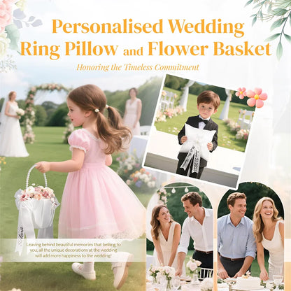 Personalized white flower girl basket and ring bearer pillow set with custom lettering, shown on wedding ceremony display.