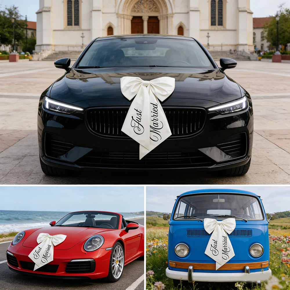 'Just Married' wedding car bow ribbon in white, shown on bridal getaway vehicle decoration display.